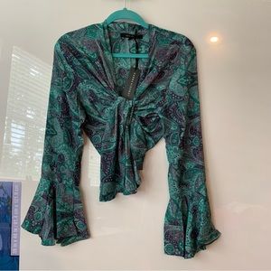 70s Retro paisley bell sleeve silky tie front top